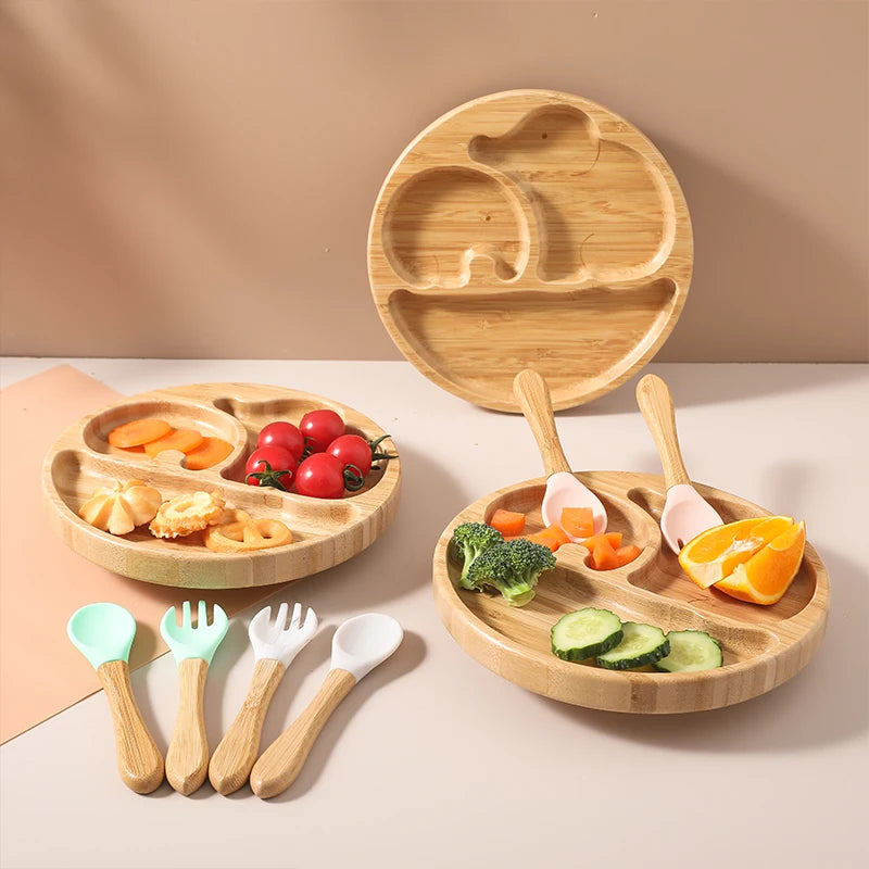 Juego de platos de succión de bambú con dos elefantes